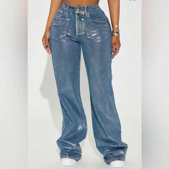 FASHION NOVA | Women’s Cold As Ice Foil Print Baggy Jeans - Silver NWT SIZE 7 - Picture 4 of 6